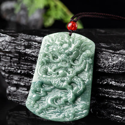 Mythstone Natural Jade Chinese Zodiac Dragon Sea Luck String Necklace Pendant