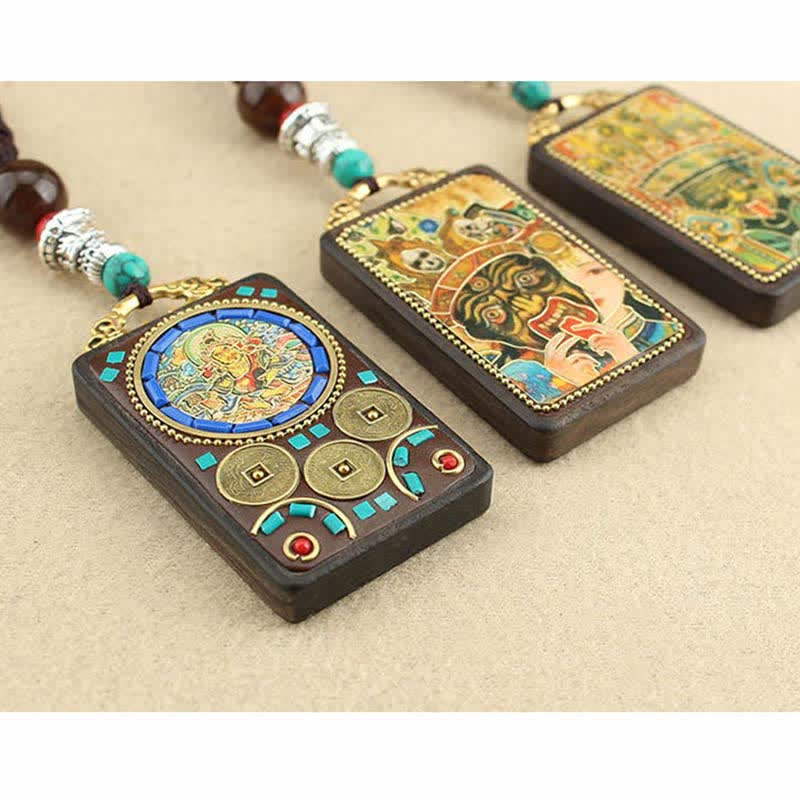 Colgante de collar de ébano con la paz y el dios de la riqueza del Thangka del Tíbet de Mythstone 