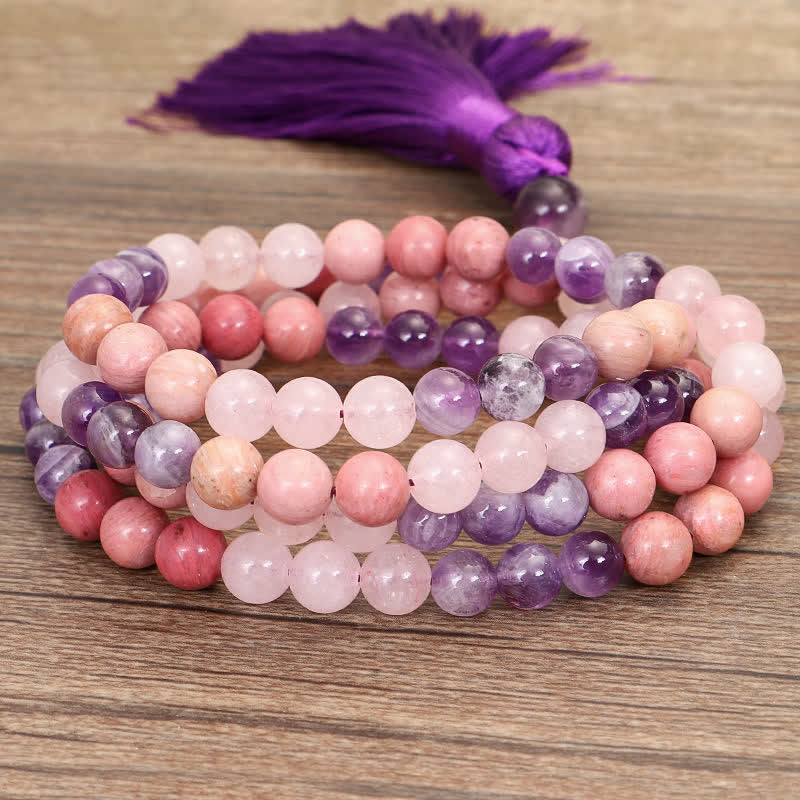 Mythstone 108 Mala Beads Amethyst Rose Quartz Spiritual Healing Tassel Bracelet