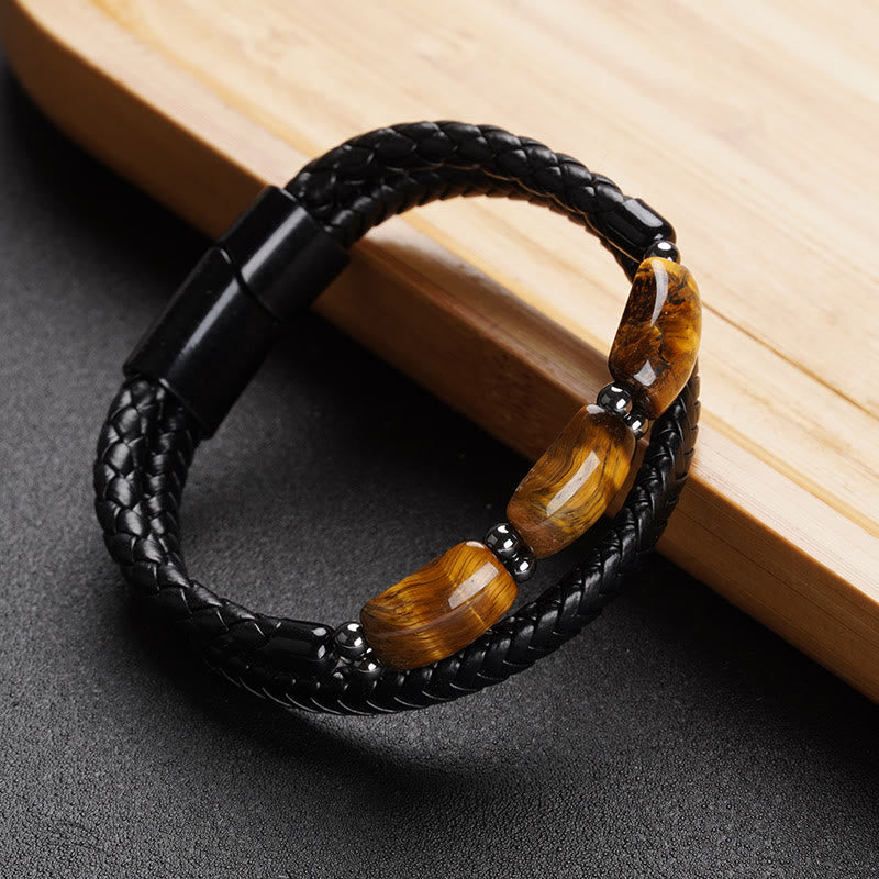 Mythstone Natural Tiger Eye Protection Willpower Magnetic Buckle Leather Bracelet