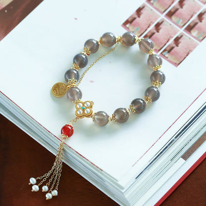 Mythstone Natural Gray Agate Fu Character Pearl Tassel Balance Bracelet