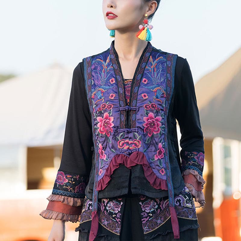 Mythstone Vintage Embroidery Flower Pattern Tang Suit Design Vest