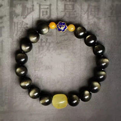 Mythstone 925 Sterling Silver Chinese Zodiac Natal Buddha Natural Gold Sheen Obsidian Amber Wealth Protection Bracelet