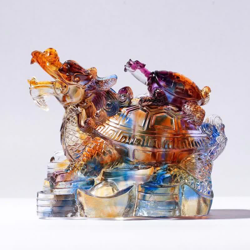 Mythstone Feng Shui Dragon Turtles Handmade Liuli Crystal Art Piece Protection Home Office Decoration