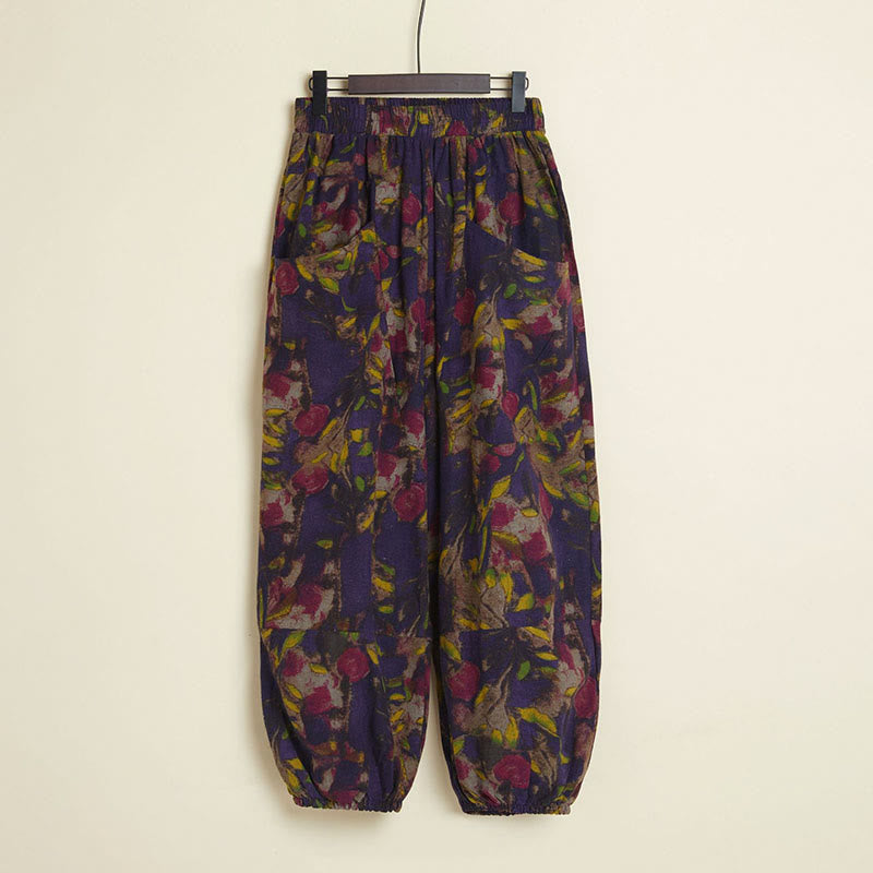 Pantalones harén de lino y algodón con estampado de grafiti geométrico y flores informales de Mythstone con bolsillos 