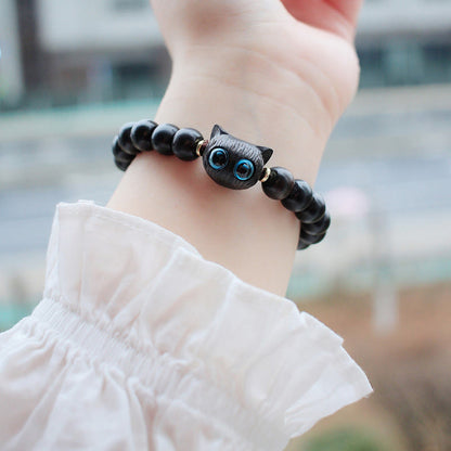 Pulsera de la paz con forma de gato adorable de madera de ébano y sándalo verde Mythstone