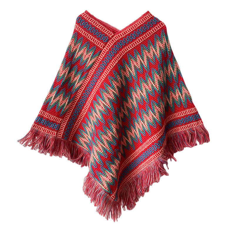 Mythstone Tibetan Shawl Striped Knitted Tassels Pullover Winter Cozy Travel Scarf Wrap