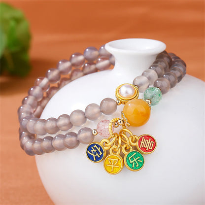 Mythstone Natural Gray Agate Peace And Joy Charm Balance Double Wrap Bracelet