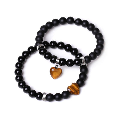 Mythstone 2Pcs Black Onyx Crystal Stone Love Heart Protection Support Couple Bracelet