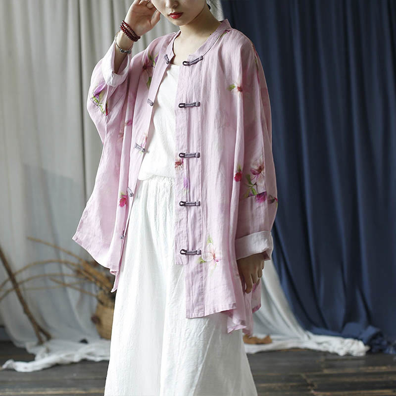 Mythstone Pink Flower Print Frog-button Design Batwing Long Sleeve Ramie Linen Jacket Shirt