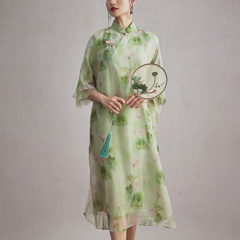 Mythstone 100% Mulberry Silk Organza Green Lotus Leaf Pink Lotus Print Qipao Cheongsam Dress