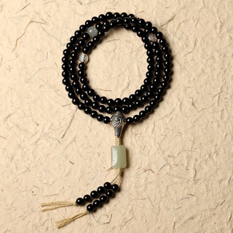 MythStone Tibetan Black Onyx Hetian Jade 108 Mala Beads Fortune Bracelet