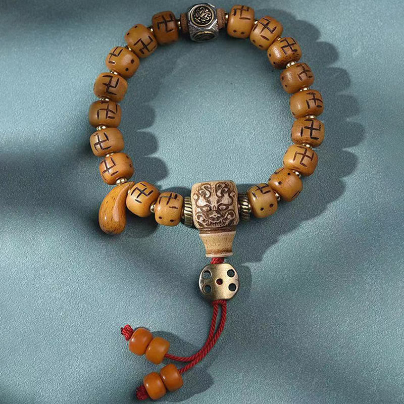 Mythstone Natural Tibetan Camel Bone Swastika Dzi Bead Shankha Buddha Charm Kirtimukha Luck Protection Tassel Bracelet