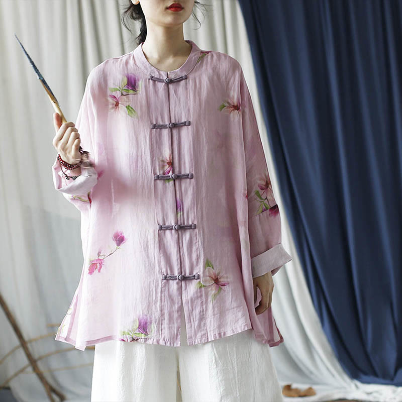 Mythstone Pink Flower Print Frog-button Design Batwing Long Sleeve Ramie Linen Jacket Shirt