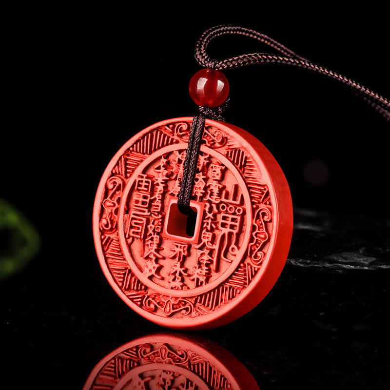 Mythstone Natural Cinnabar Mountain Ghosts Spend Money Bagua Design Blessing Necklace Pendant