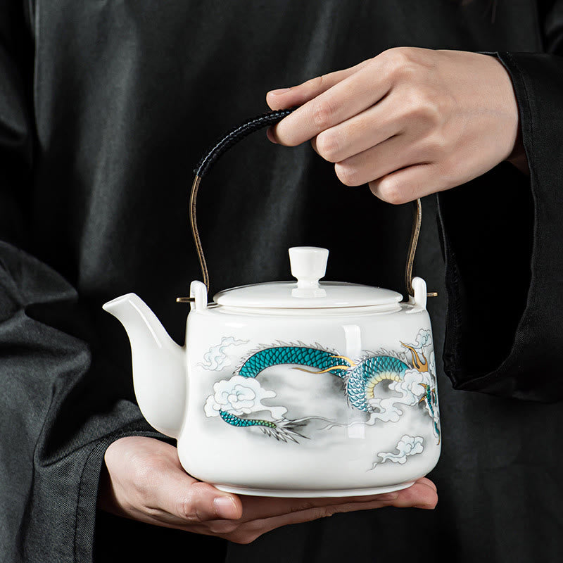 Mythstone Vintage Dragon Mountain Fisherman Landscape White Porcelain Ceramic Kung Fu Teapot