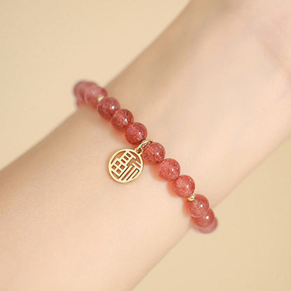 Mythstone 14K Gold Plated Strawberry Quartz Fu Character Healing Charm Bracelet