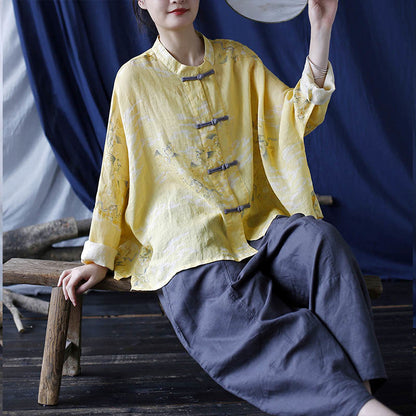 Mythstone Yellow Phoenix Print Frog-button Design Long Sleeve Ramie Linen Jacket Shirt