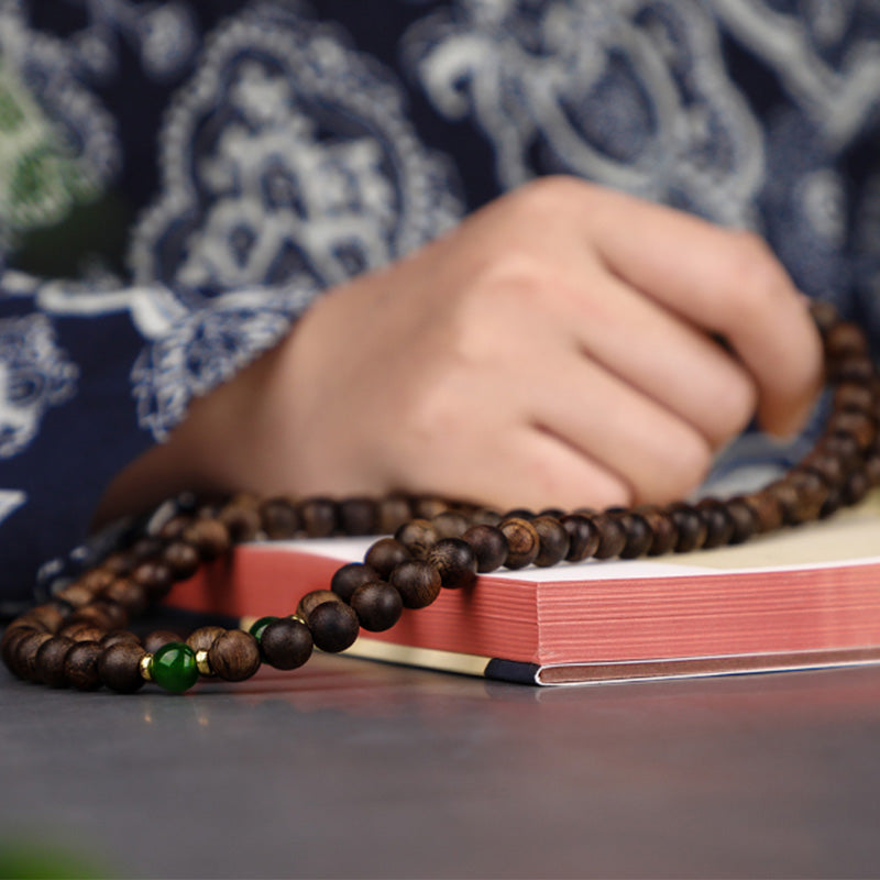 MythStone 108 Mala Beads Indonesia Tarakan Rare Agarwood Cyan Jade Ward Off Evil Spirits Bracelet