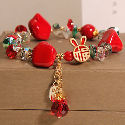 Mythstone Red Stone Lucky Cat Rabbit Fu Character Fortune Bracelet