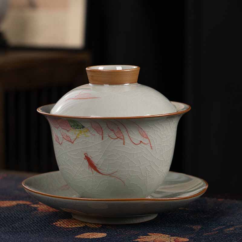 Mythstone Lotus Koi Fish Pod Leaf Ceramic Gaiwan Sancai Teacup Kung Fu Tea Cup And Saucer With Lid 140ml