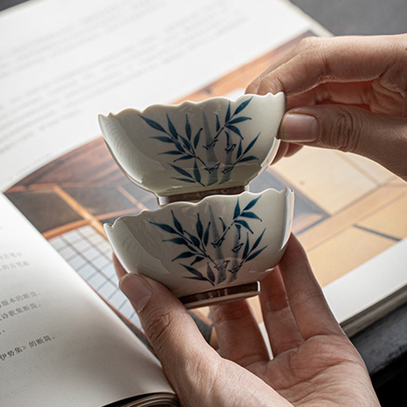 Mythstone Small Blue Bamboo Leaves Ceramic Teacup Kung Fu Tea Cup Bowl