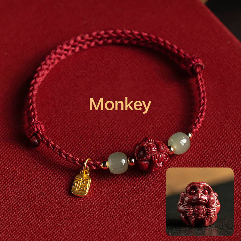 Mythstone Natural Cinnabar Chinese Zodiac Hetian Jade Fu Character Luck Rope Bracelet Bracelet Mythstone Monkey(Wrist Circumference 14-18cm)