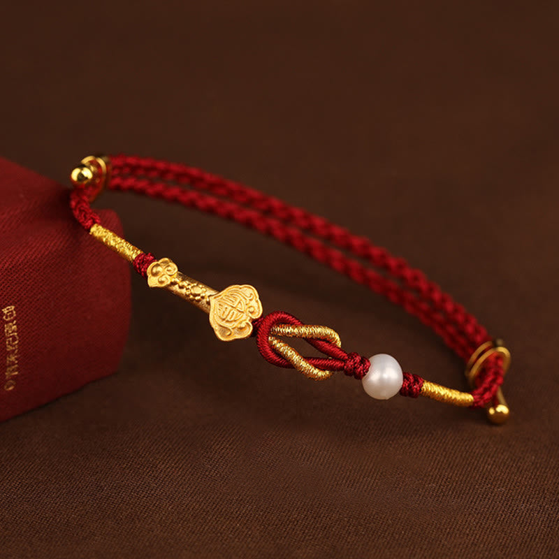 Mythstone 24K Gold Wish Ruyi Handle Fu Character Rabbit Pearl Luck Braided Bracelet