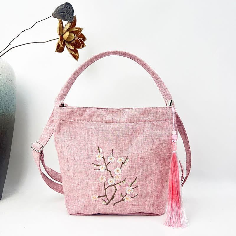 Mythstone Embroidery Wisteria Plum Lotus Cherry Blossom Cotton Linen Canvas Tote Crossbody Bag Shoulder Bag Handbag