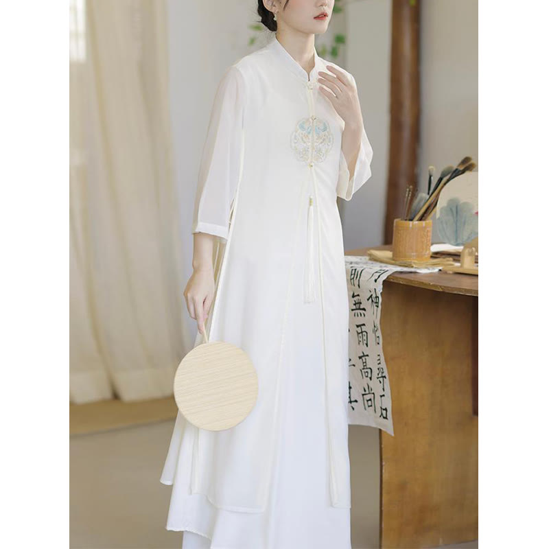 Mythstone Embroidery Chiffon Cheongsam Midi Dress Wide Leg Pants Meditation Zen Practice Clothing