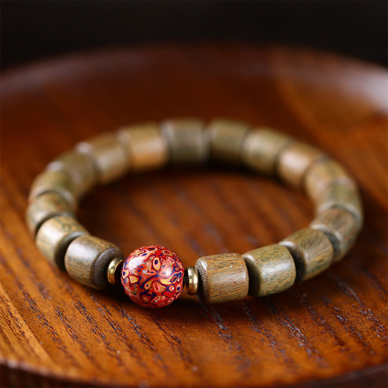 Mythstone Natural Green Sandalwood Small Leaf Red Sandalwood Lacquer Bead Peace Bracelet