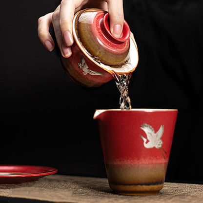 Mythstone Red Auspicious Crane Ceramic Gaiwan Sancai Teacup Kung Fu Tea Cup And Saucer With Lid