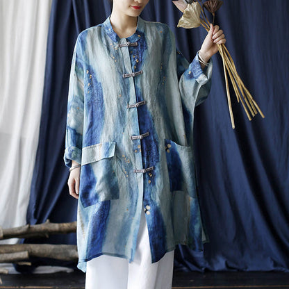 Mythstone Blue White Beige Small Flower Frog-button Design Long Sleeve Ramie Linen Jacket Shirt With Pockets