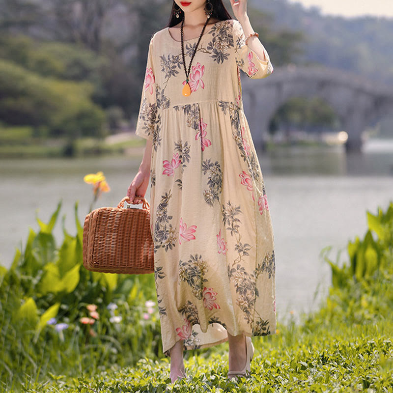 Mythstone Flowers Print Midi Dress Tunic Dress With Pockets