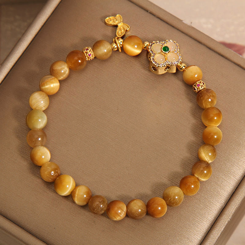 Mythstone Tiger Eye Four Leaf Clover Butterfly Protection Bracelet