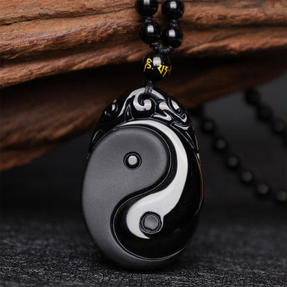 Mythstone Natural Black Obsidian Yin Yang Fulfilment Strength Necklace Pendant