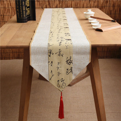 Mythstone Classic Chinese Style Lotus Koi Fish Flower Crane Calligraphy Enlightenment Cotton Linen Tassels Table Runner