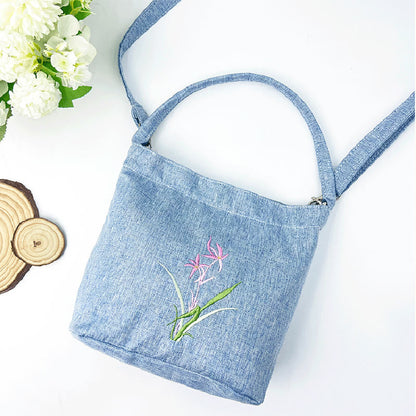 Mythstone Embroidery Wisteria Plum Lotus Cherry Blossom Cotton Linen Canvas Tote Crossbody Bag Shoulder Bag Handbag