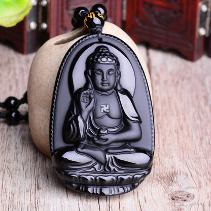 Mythstone Chinese Zodiac Obsidian Buddha Amulet Protection Pendant Necklace