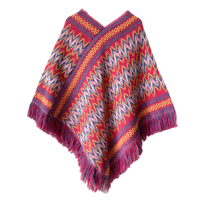 Mythstone Tibetan Shawl Striped Knitted Tassels Pullover Winter Cozy Travel Scarf Wrap