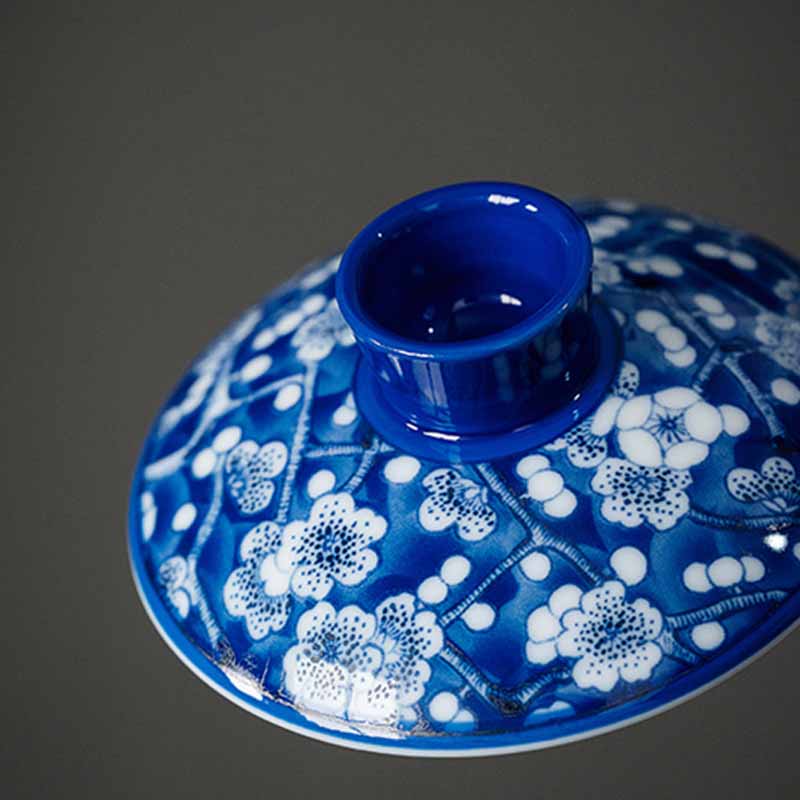 Mythstone Plum Blossom Blue And White Porcelain Ceramic Gaiwan Sancai Teacup Kung Fu Tea Cup And Saucer With Lid 185ml