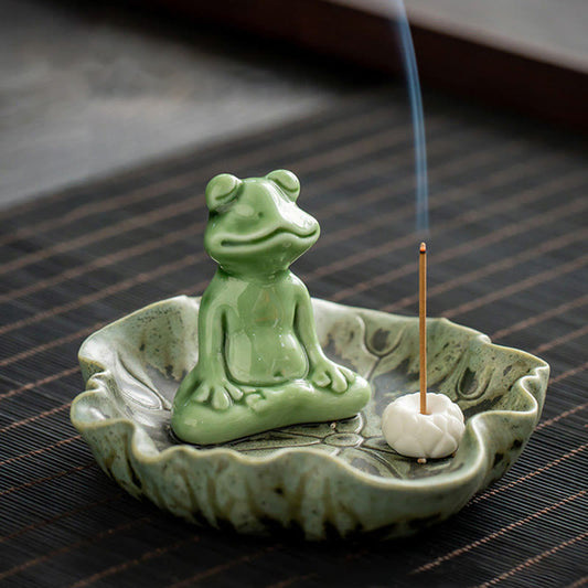 Mythstone Leaf Meditation Frog Pattern Healing Ceramic Incense Burner Decoration