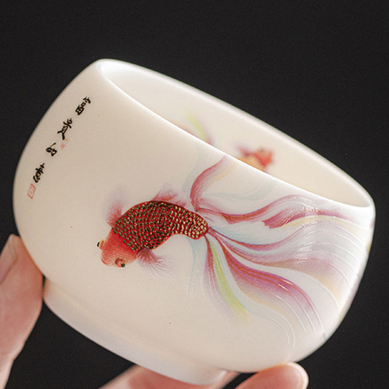 Mythstone Koi Fish White Porcelain Ceramic Teacup Kung Fu Tea Cup