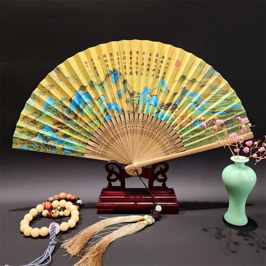 Mythstone A Panorama Of Rivers And Mountains Cranes Orchid Flower Paper Bamboo Handheld Silk Bamboo Folding Fan 22cm