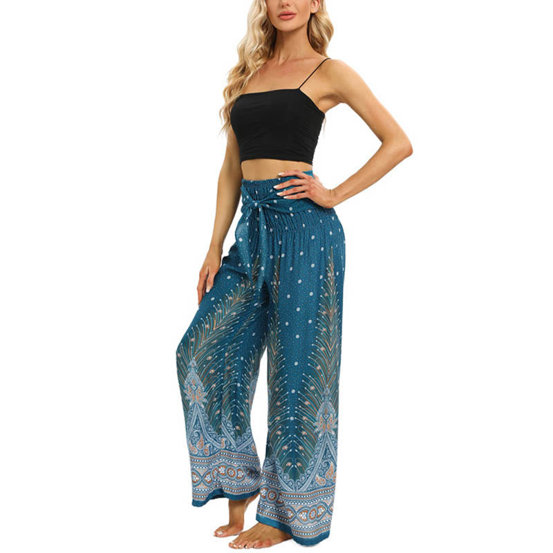 Mythstone Boho Peacock Feathers Lace-up Wide Leg Pants Women's Yoga Pants