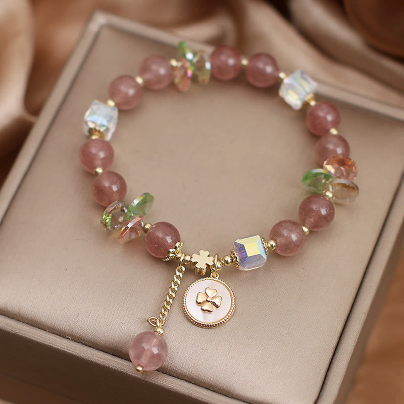 Mythstone Strawberry Quartz Lucky Four Leaf Clover Healing Charm Bracelet