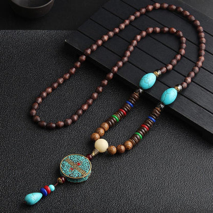 Mythstone Turquoise Dzi Bead Prayer Wheel Wenge Wood Meditation Necklace