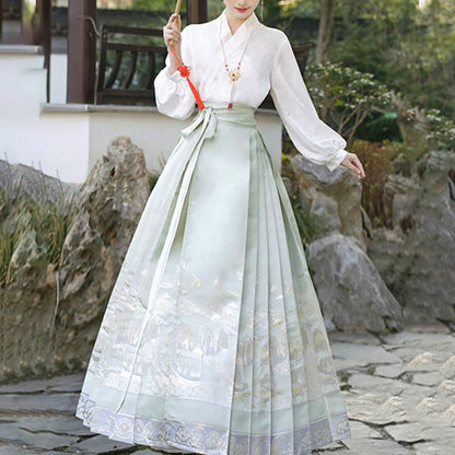 Mythstone Long Sleeve T-Shirt Top Tee Chinese Hanfu Flowers Horse Face Skirt Mamianqun