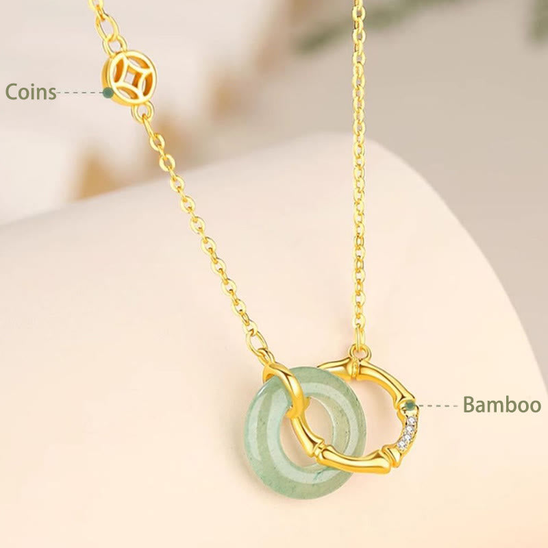 Mythstone 925 Sterling Silver Natural Green Aventurine Peace Buckle Bamboo Coin Prosperity Necklace Pendant