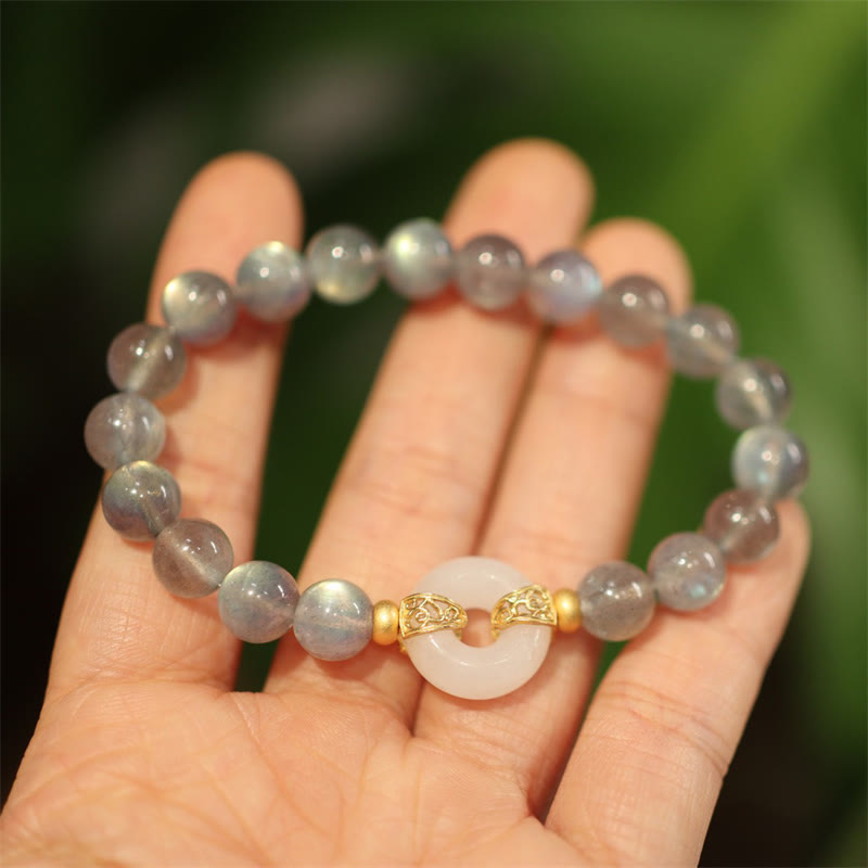 Mytthstone Natural Moonstone Heitan Jade Peace Buckle Healing Bracelet